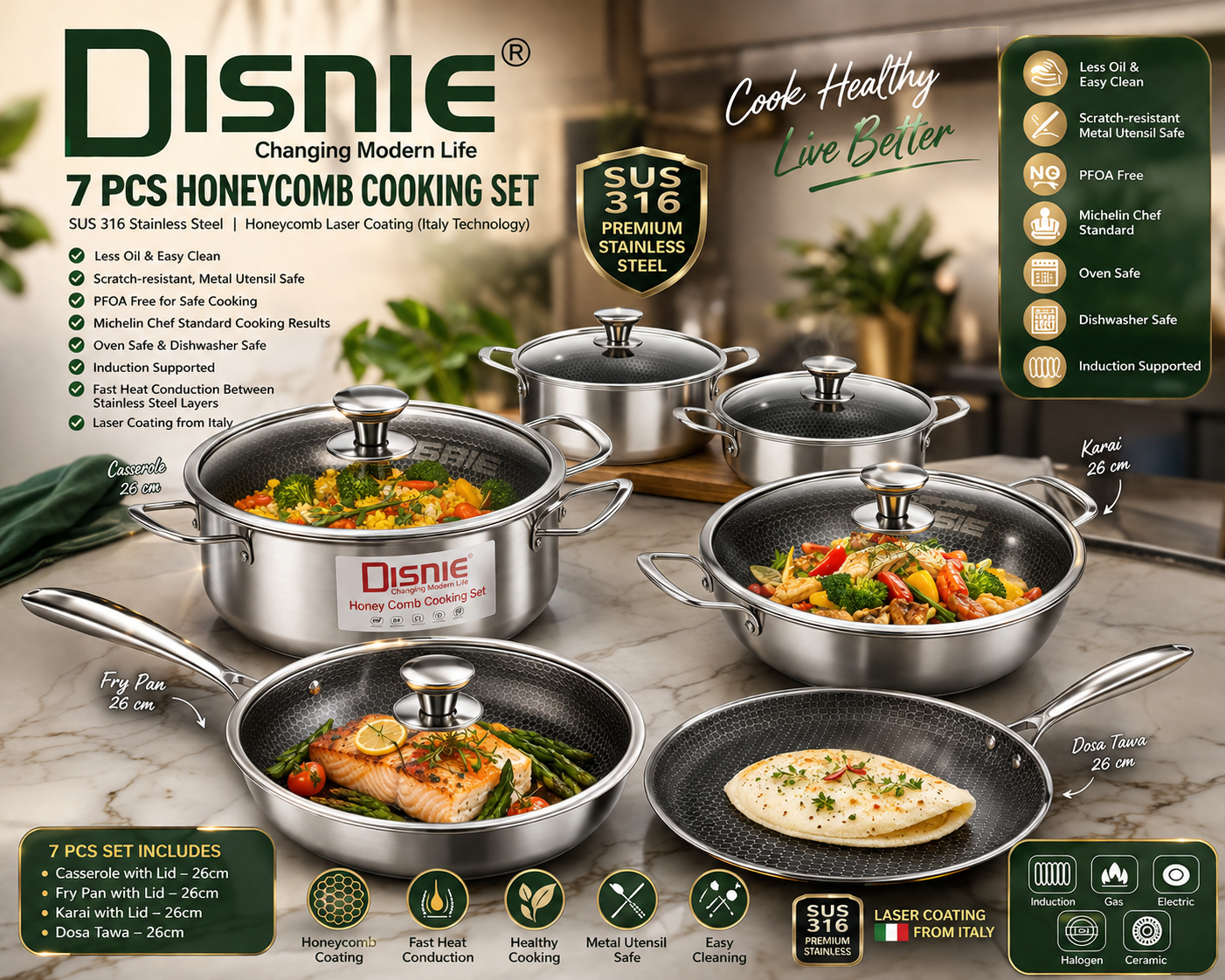 Disnie 7 Pcs SUS 316 Honeycomb Cooking Set